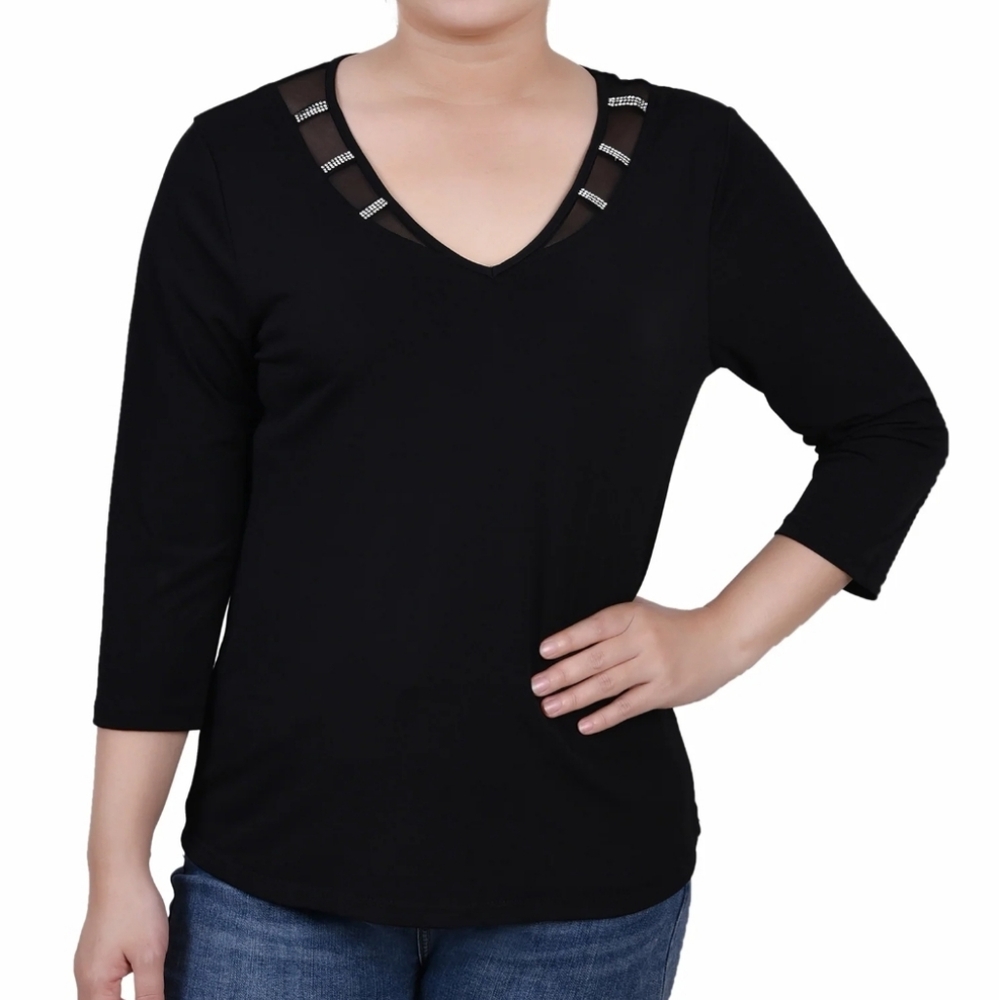 Petite 3/4 Sleeve Top With Illusion Neckline and Stones Sz MEDIUM